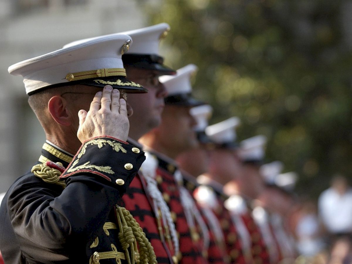 The image shows a line of uniformed military personnel standing at attention and saluting, with one in the foreground.